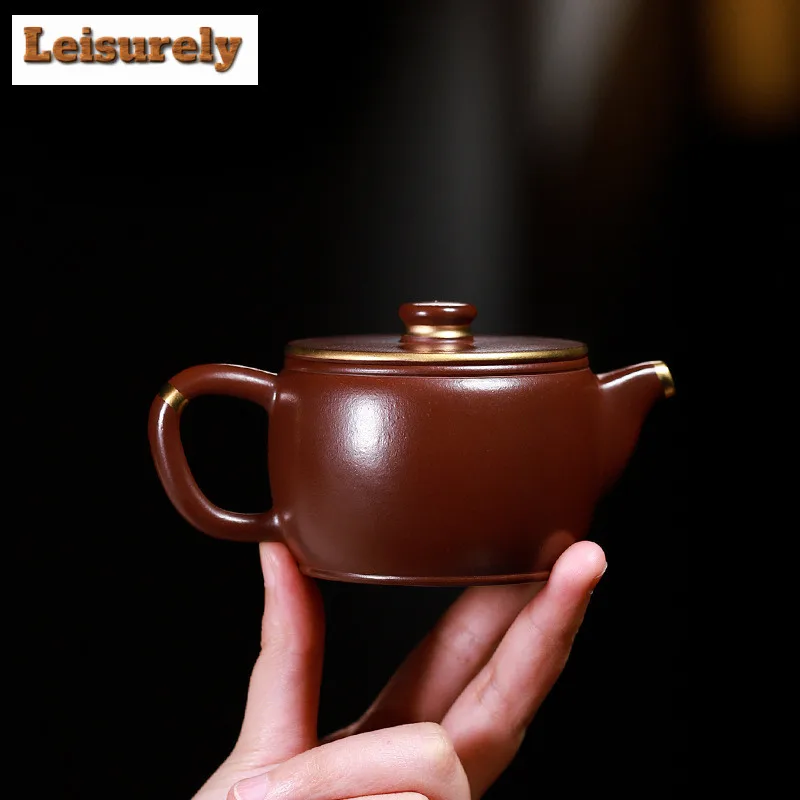 180ml Yixing Purple Clay Teapots Handmade Gold Tracing Large Caliber Pot Raw Ore Purple Zhu Mud Kettle With Filter Zisha Tea Set