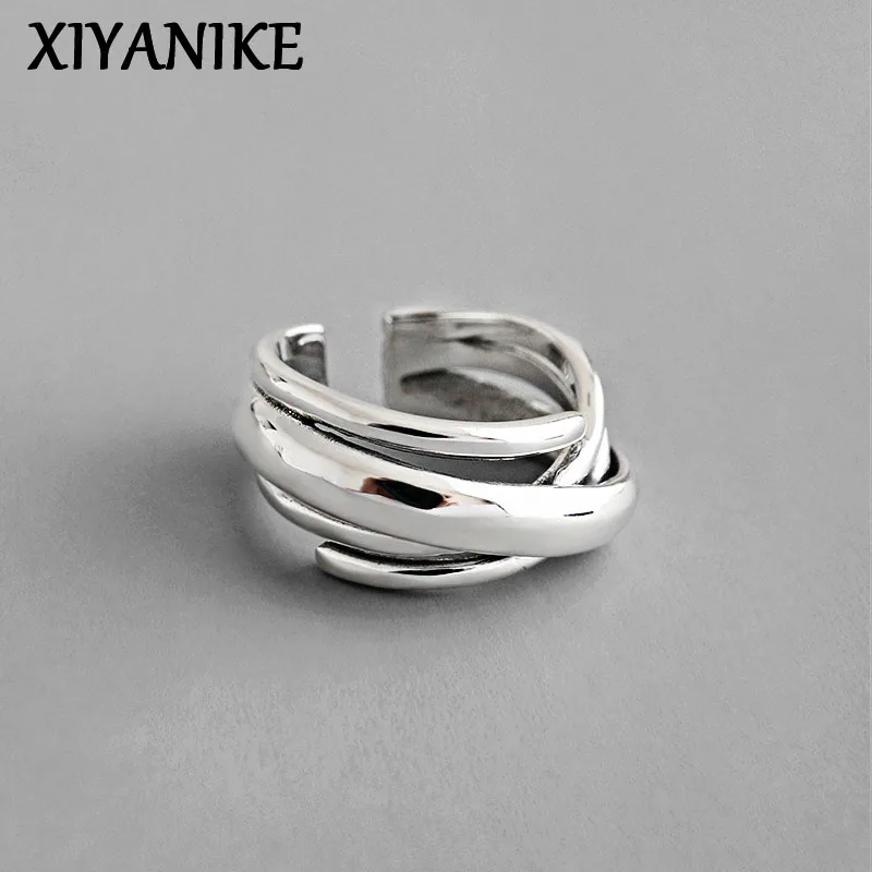 XIYANIKE kolor srebrny Vintage pierścionek zaręczynowy nieregularnie geometryczne uzwojenie biżuteria dla kobiet para rozmiar 17mm regulowany