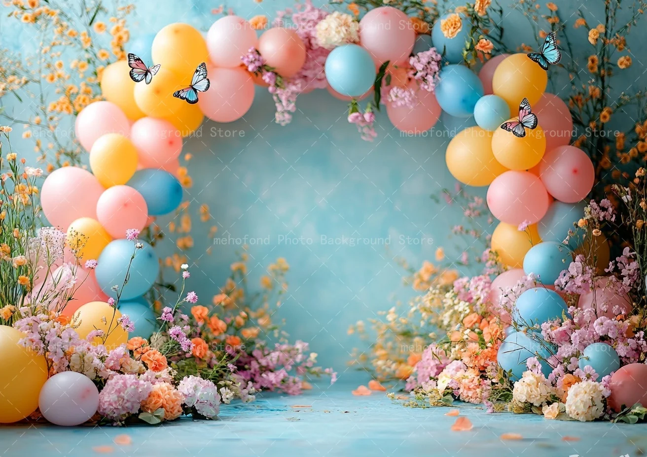 Mehofond Photography Background Minimalist Blue Graffiti Wall Balloon Door Flowers Butterfly Kids Family Portrait Backdrop Decor