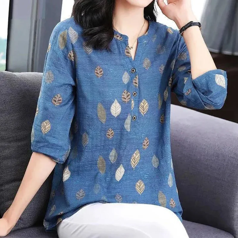 Casual Fashion Floral Printing Three Buttons Long Shirt Autumn 2023 New V-Neck Long Sleeve Loose Pullovers Tops Ladies Clothing