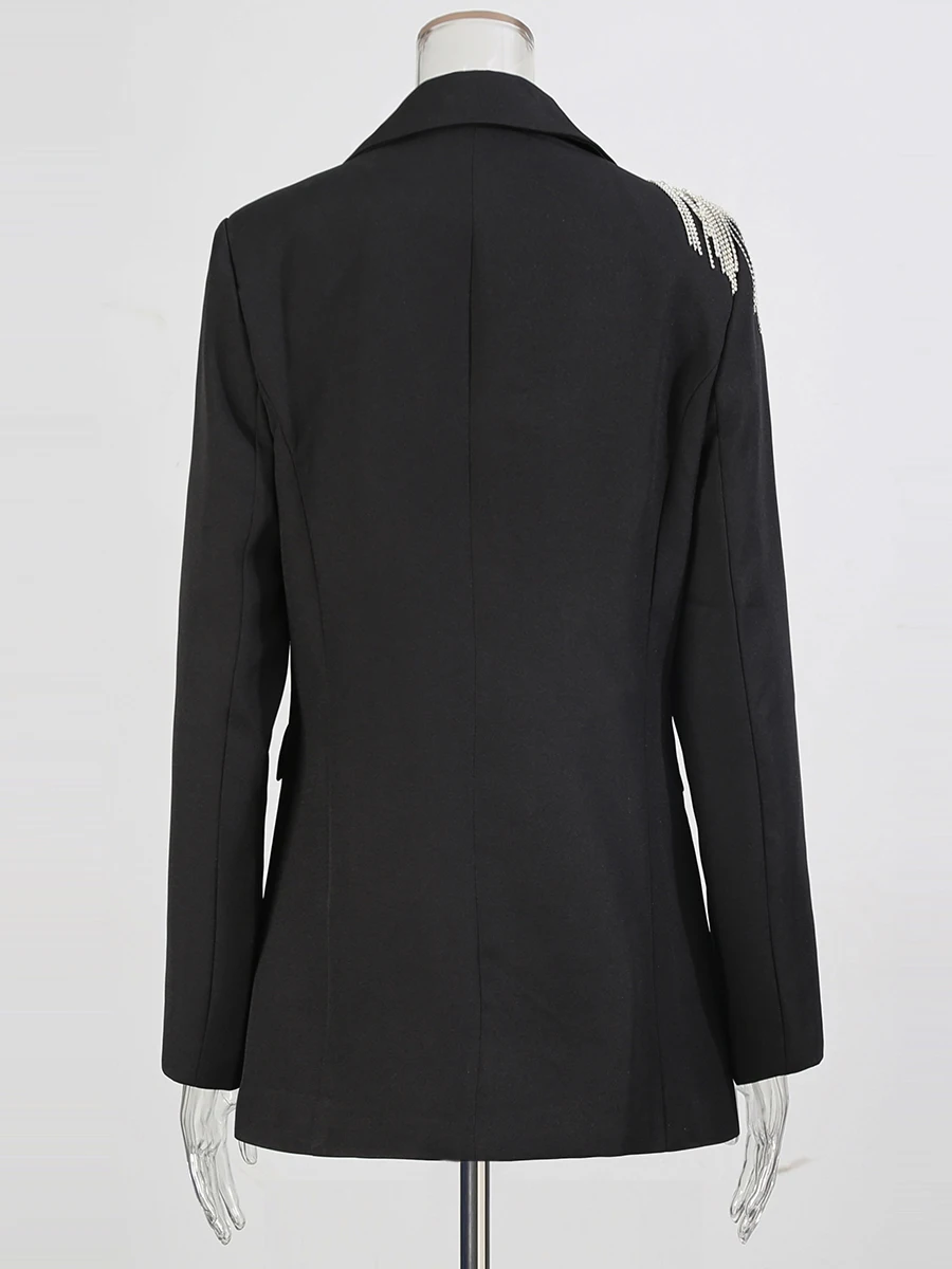 CHICEVER Black Spliced Diamonds Tassel Basic Jacket Female Lapel Long Sleeve Elegant Women's Jackets Autumn Fashion New Style