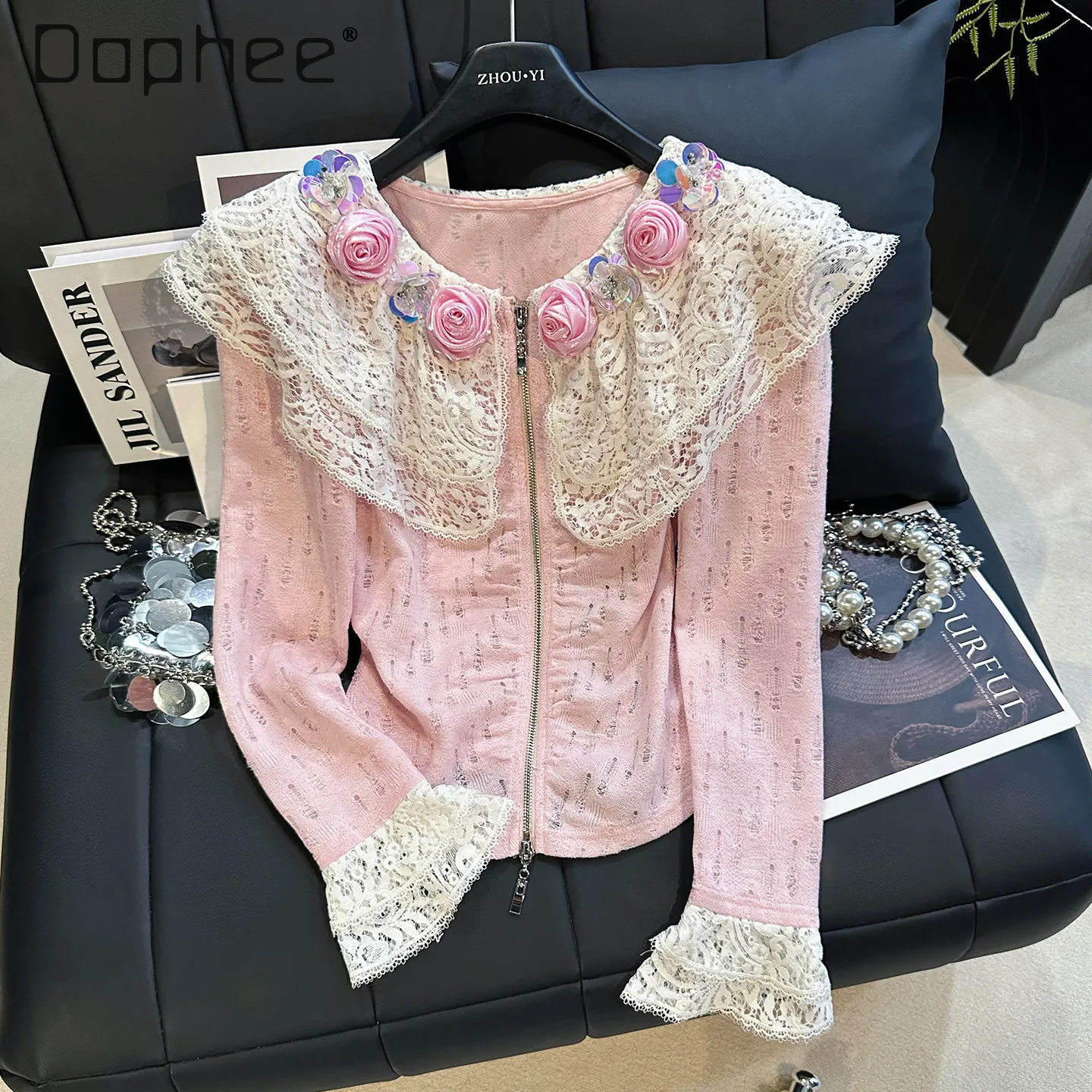 

Розовый нежный кружевной кардиган с объемными цветами, ажурный вязаный кардиган для женщин, новинка весны, французский стиль, элегантный, приталенный крой