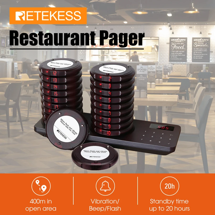 Retekess TD163 Restaurant pager calling system 20 coaster buzzers vibrator bell receivers beeper for food truck cafe bar hotel