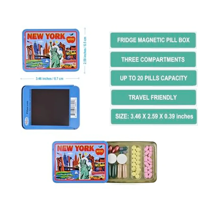 New York Fridge Magnet by, Tin Portable Pill Box with 3 Compartments, Vitamin Organizer, Unique Collectible Souvenir Gift, Trav view 2