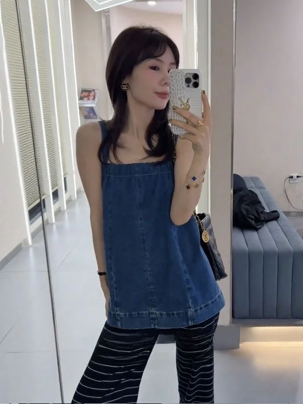 

Ретро джинсовый жилет на бретелях женский летний 2025: свободный повседневный топ, модная верхняя одежда для города, цельный предмет гардероба