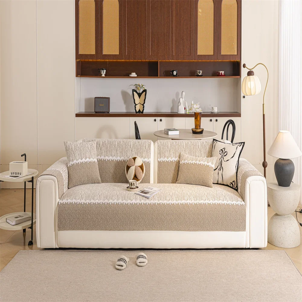 Retro Chenille Sofa Cushion Cover Universal Non-Slip Fixed Straight Row All-Seasons Slipcover for Home Comfort