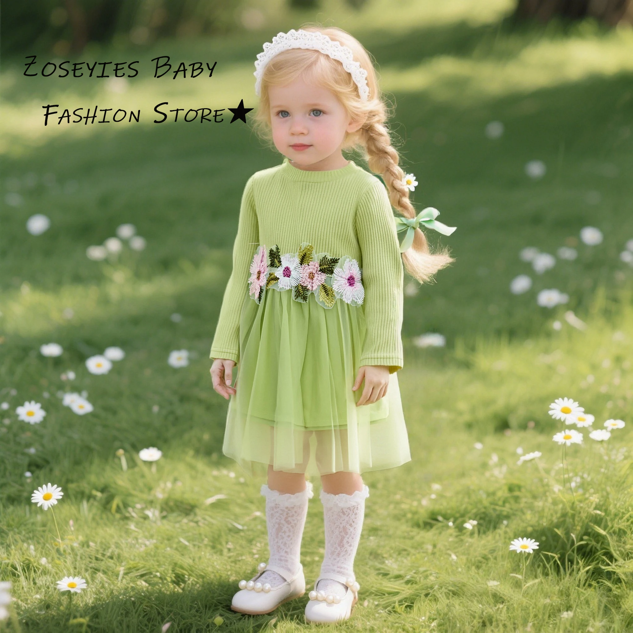 

Girls' Dress Spring And Autumn Floral Embroidered Mesh Long-Sleeved Baby Girl Dress Cute Princess-Style Baby Dress Baby Girl Clo