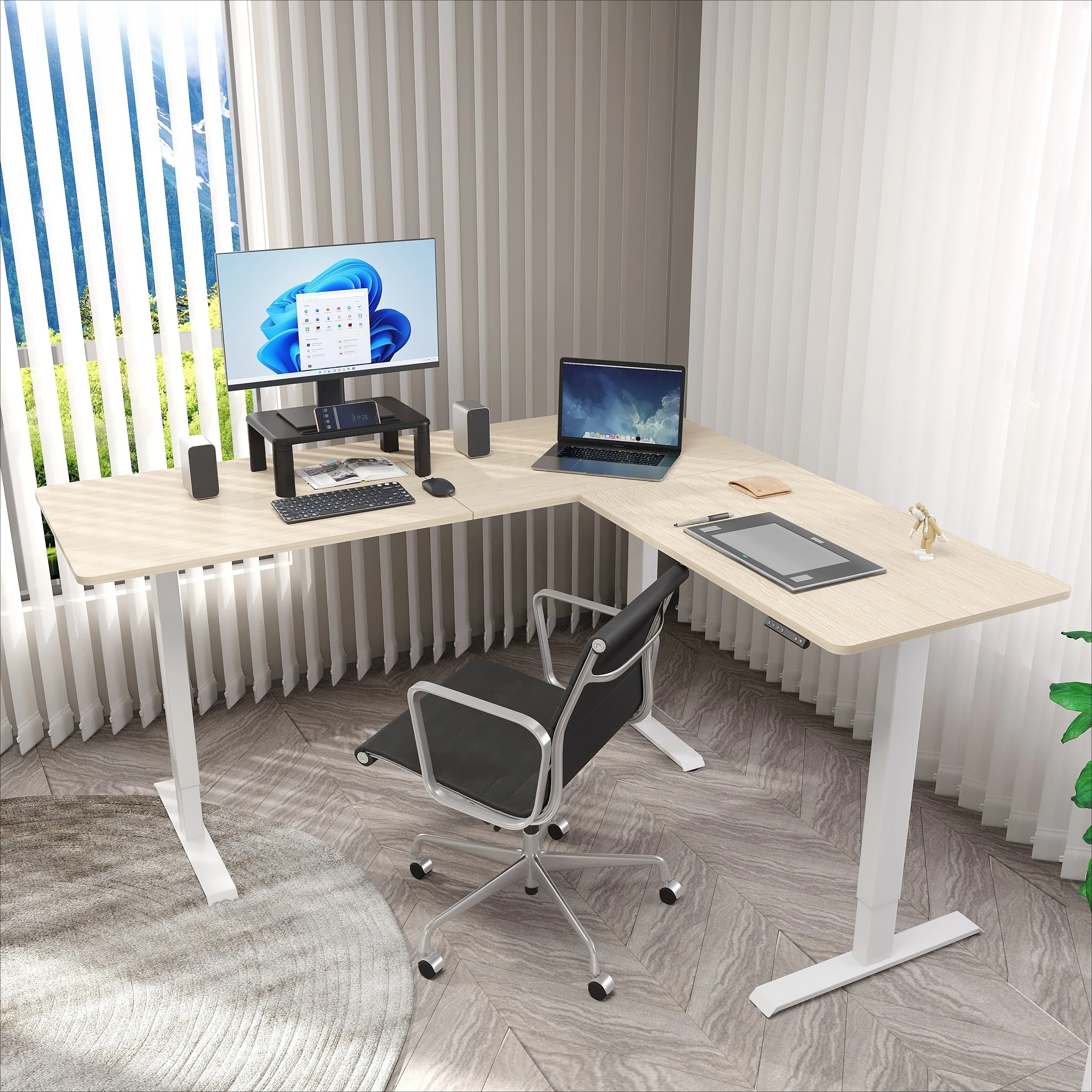Contemporary Office Desk Electric Adjustable Frame Triple Motors Wide L-shaped Desktop 120kg Load Capacity