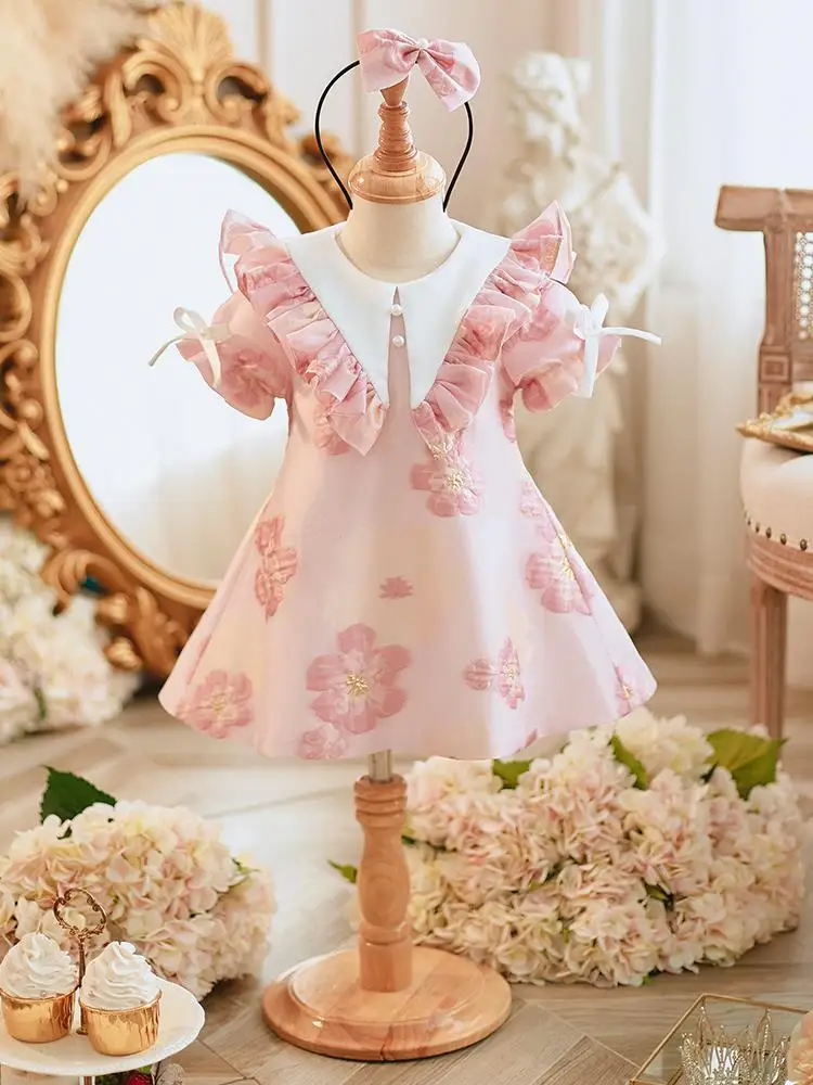 Kids Wedding Formal Dress Birthday Party Performance Princess Dresses Fashion Flower Pearl Costume With Bow Prom Gowns for Girls