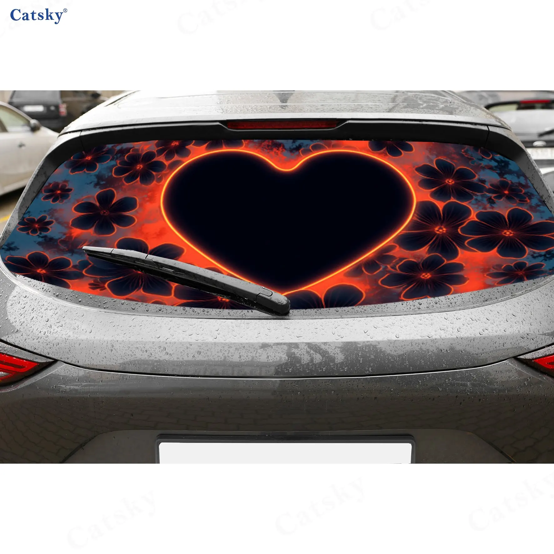 

Neon Orange Heart Floral PVC Perforated Car Vinyl Wraps, Durable Car Rear Windshield Sticker, Waterproof Car Rear Window Decal