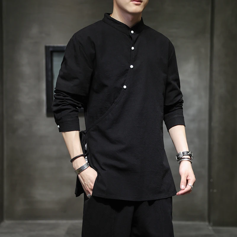 

Mens Chinese Style Hemp Shirt Cotton Linen Tang Suit Hanfu Retro Stand-Up Collar Zen Clothes Harajuku tops Clothes Men Clothing