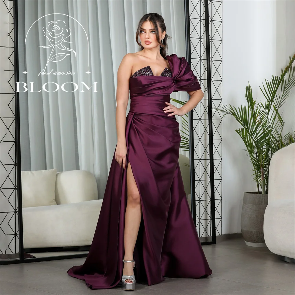 

Bloom Customized One Shoudler Formal Gown V-Neck Lace Up Elegant A-Line Chapel Train Party Dress New Simple Ruffles High Split