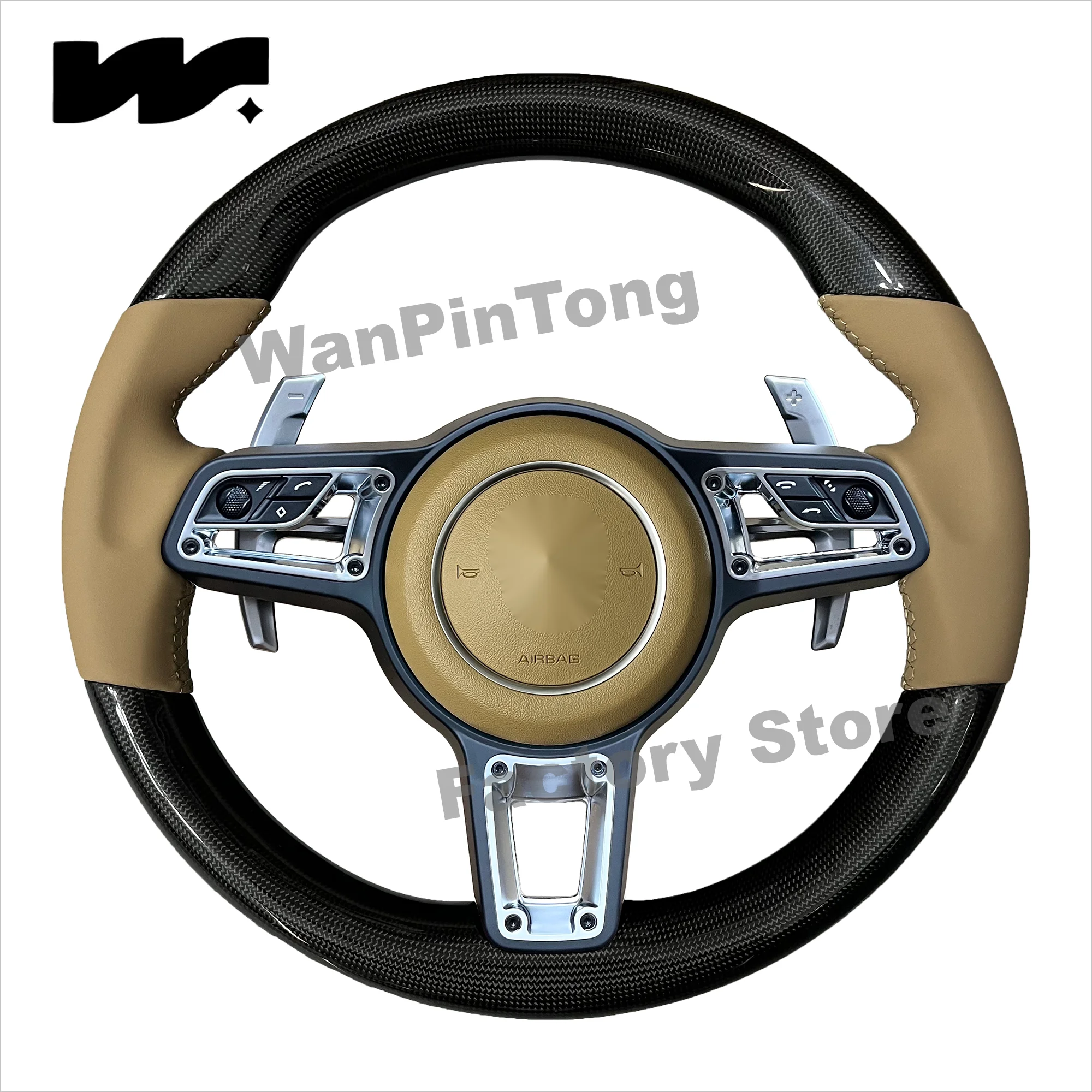 

Suitable for Porsche beige leather carbon fiber steering wheel，Cayenne Macan Boxster Cayman Taycan Panamera Carrera 718 991 992