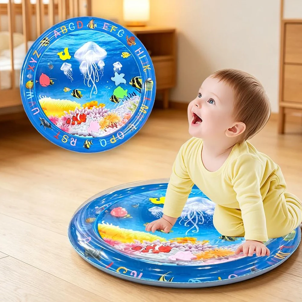1 round inflatable baby water play pad PVC baby crawling pad children's early education and development activity toy