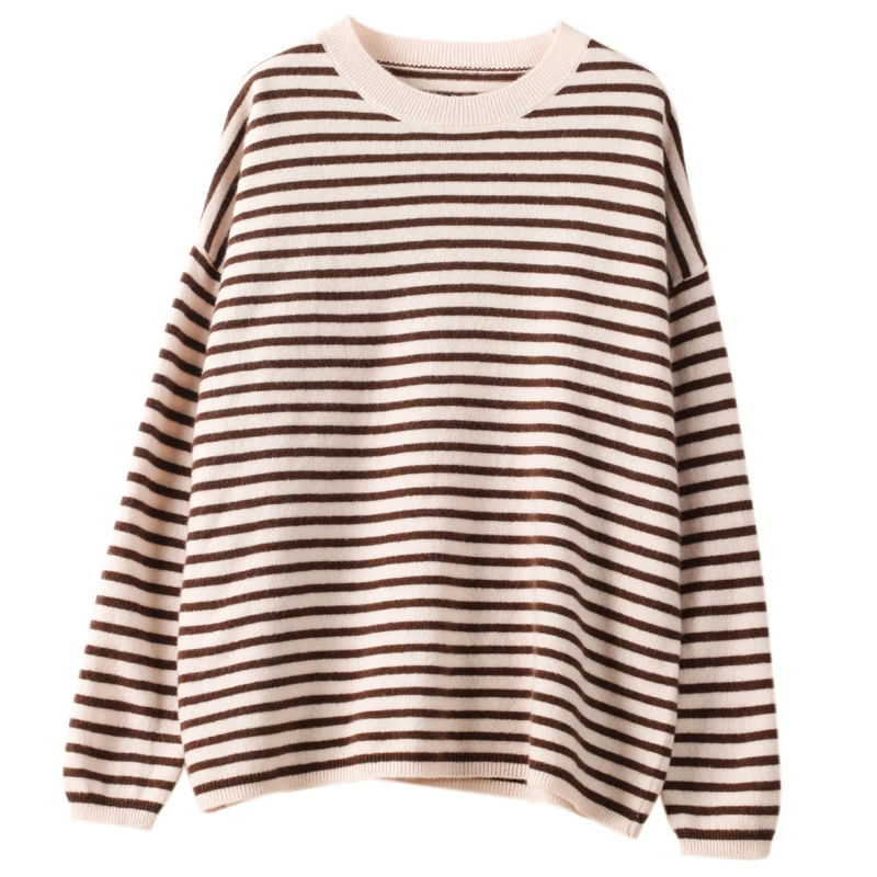 Autumn Striped Knitted Loose Large Size Sweater 100% Wool Women Pullover Tops Long Sleeve O-Neck Casual Streetwear Female Spring