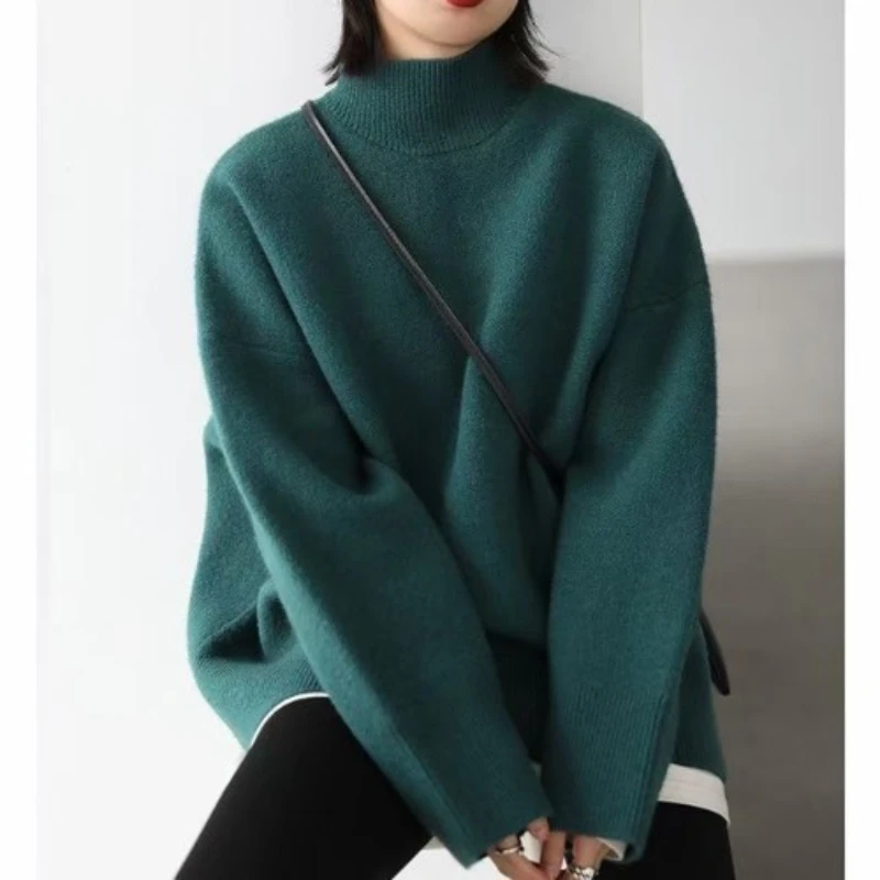 

2025 Autumn/Winter New Solid Color Warm Half High Neck Lazy Premium Knitted Hoodie Top for Women