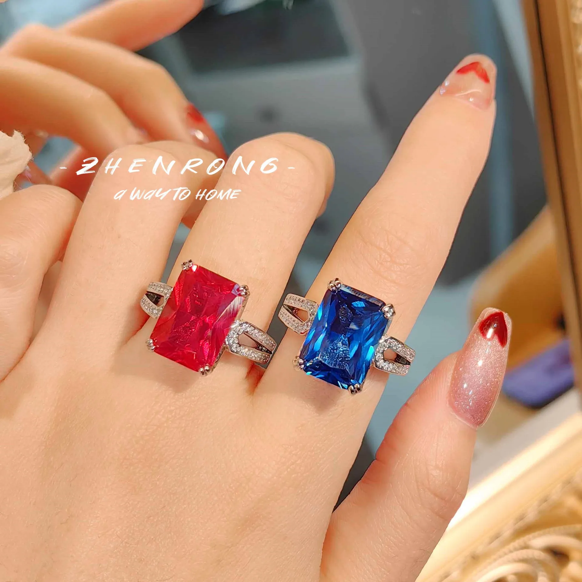S925 Sterling Silver Ring for Women with Large Carat Cotton Emerald Red Corundum Diamond and Blue Tip Crystal Band