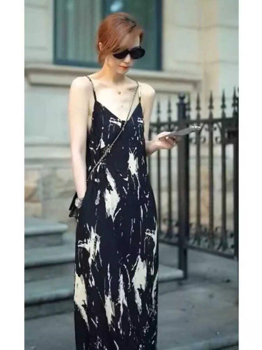 Beach Vaion Long Dr. Bla Ink Print ter Ne Gown Damen Sommer Hohe Taille A-Linie Rock V-Ne Svel Maxi Dr