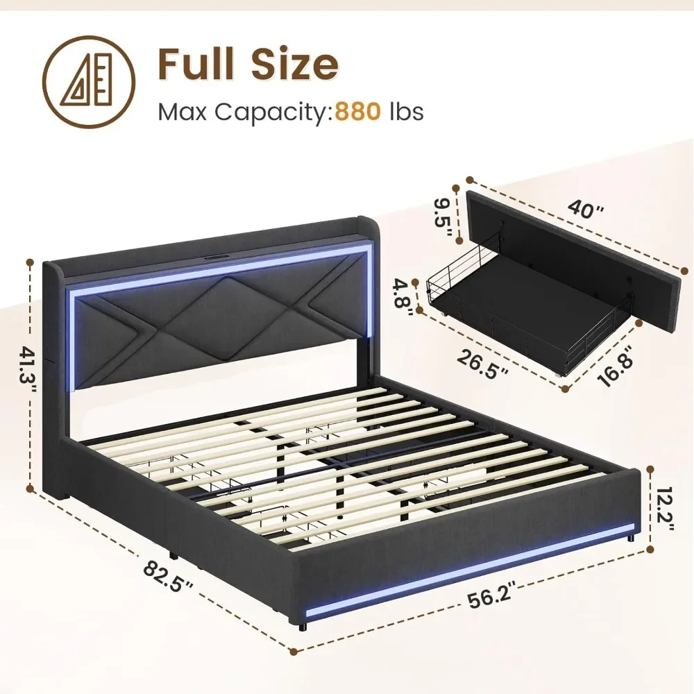 Full Size Bed Frame with RGB LED Lights Headboard & USB-C/A Charging Station, Heavy Duty Steel Slats, Bed Frame