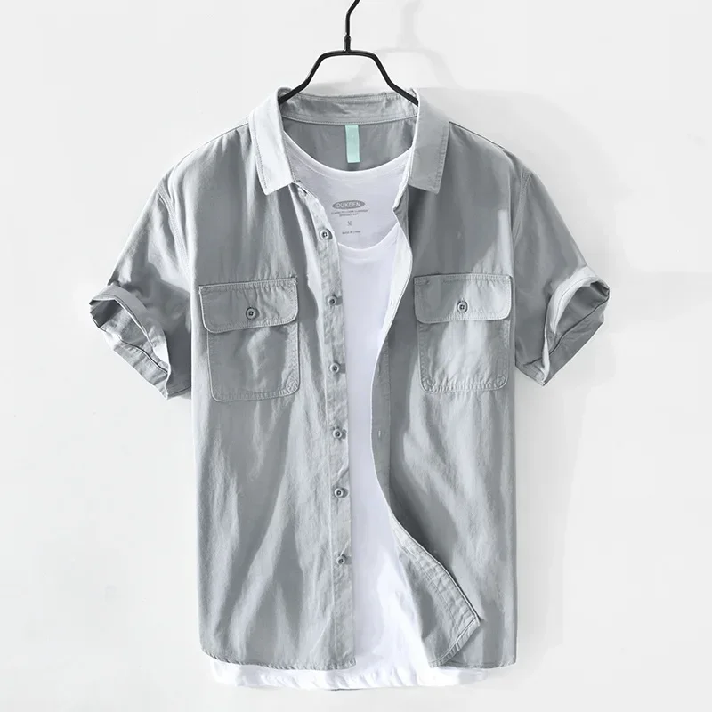 

Summer Cargo Shirt Men Japanese Workwear Tops Casual Pure Cotton Double Pockets Short Sleeve Mens Shirt Fashion Camisa Hombre