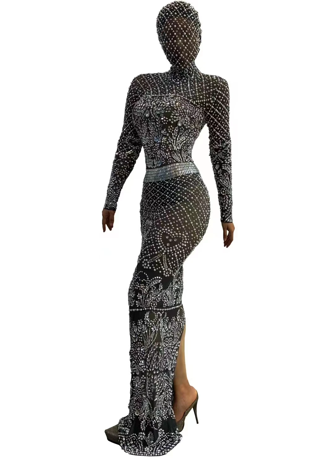 Cyberpunk High Collar Mesh Print Dress SexySpicy Girl Style Slim Fit Perspective Long DressNight Club Bar Performance A449