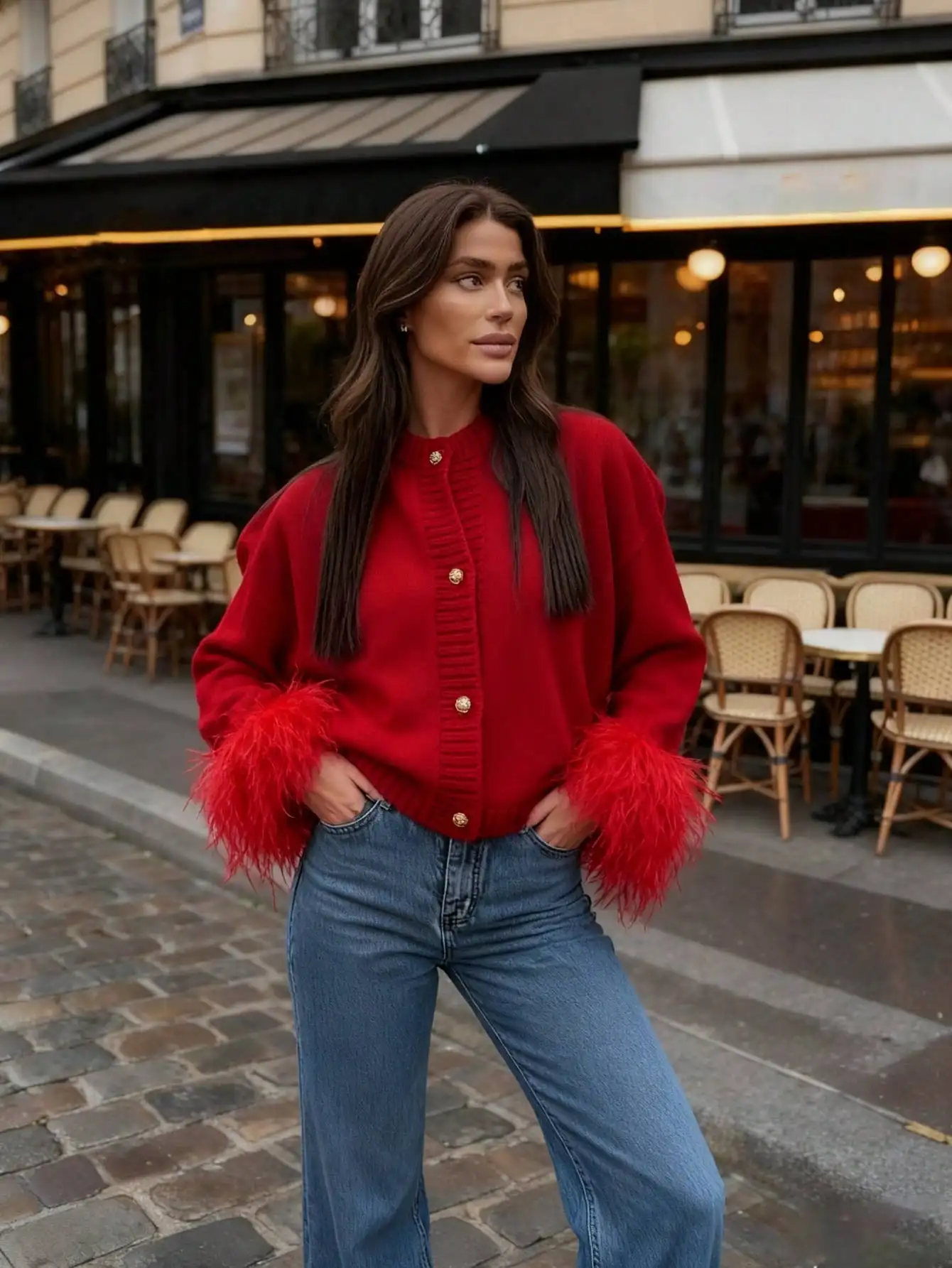 عيد الميلاد، رأس السنة، أزياء نسائية احتفالية كاجوال بأصفاد فروي أمامية حمراء للعطلات وعيد الحب الأحمر