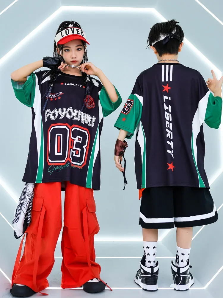 ชาย Hip Hop ชุด Contrast เสื้อยืด Street Dance กางเกงขาสั้นหญิงสีแดงกางเกงเด็ก Streetwear เด็กแจ๊สเสื้อผ้าเครื่องแต่งกาย