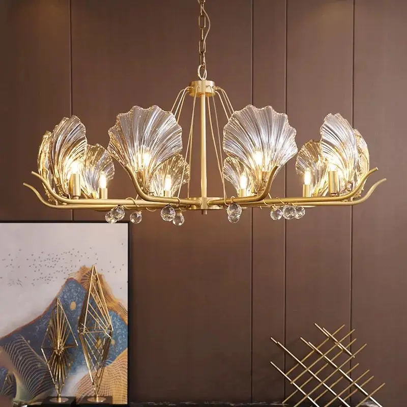 luxury creative copper chandelier hotel living room study European classic golden Shell Crystal Chandelier