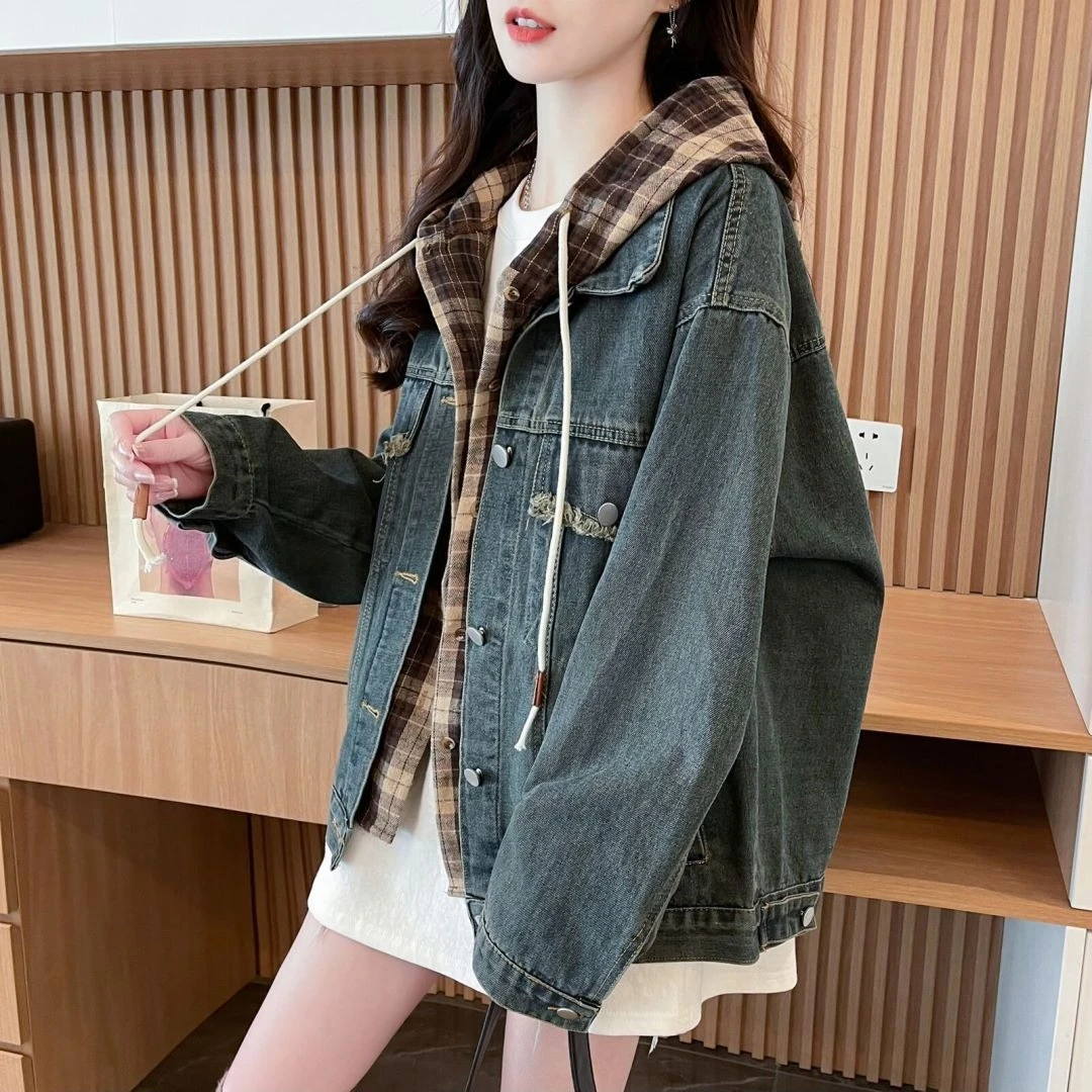 2026 Spring Retro Denim Jacket for Teen Girls Fake Two Piece Casual Student Outerwear Chic Vintage Style Top