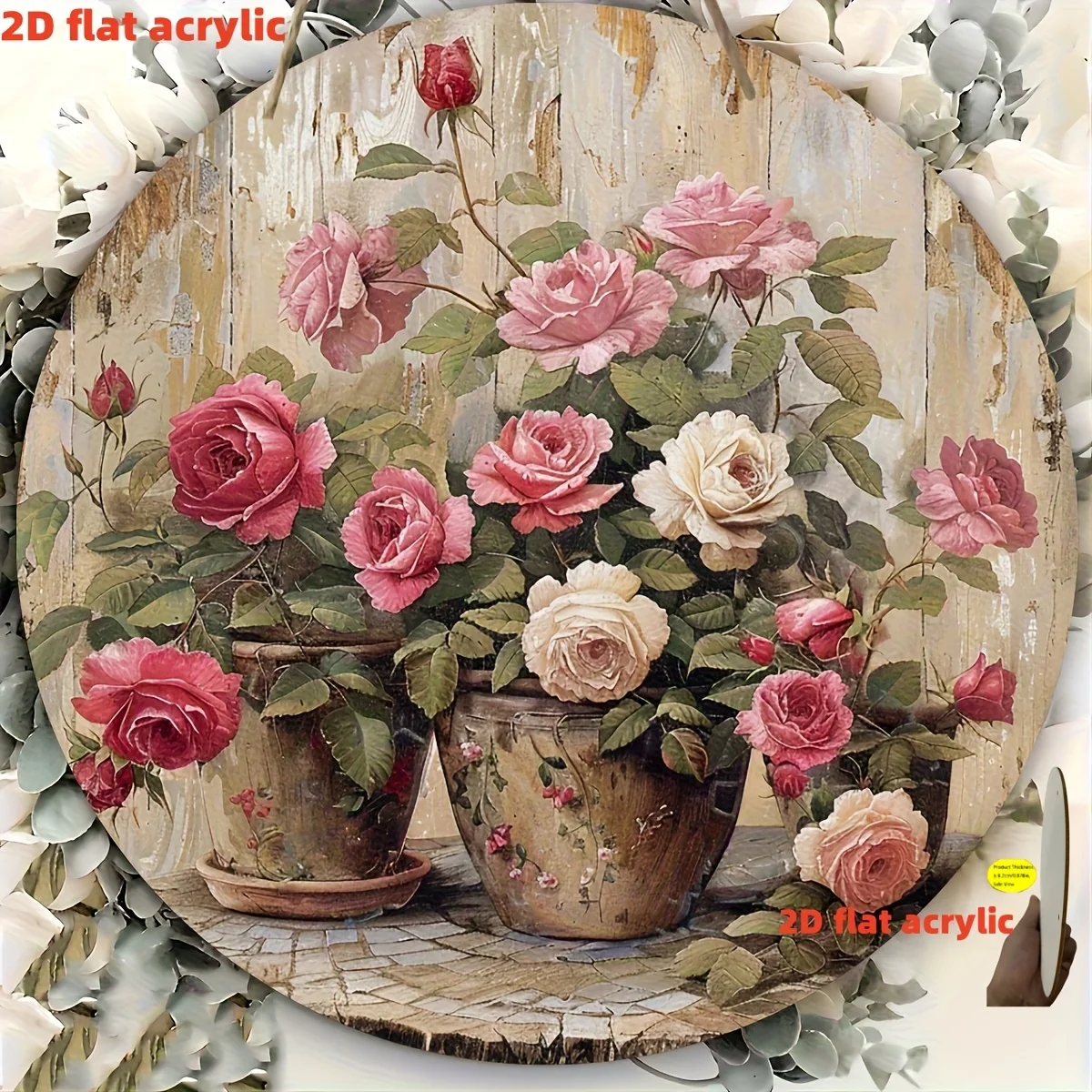 2D-flaches 1-klassisches florales Holzschild – ein Wandschild mit blühenden Rosen, ideal für die Dekoration von Haus, Garten und Wohnzimmer