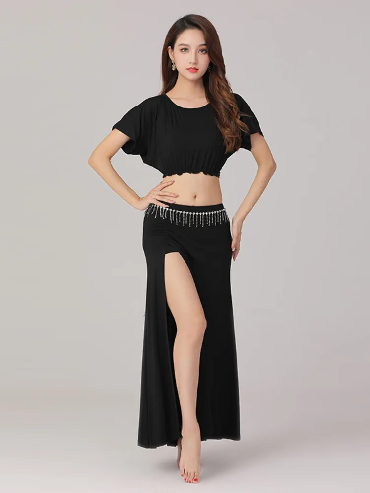 Short Sleeves Street Dance Belly Latin Clothes Mesh Patchwork Top Flamenco Arab Woman Jazz Split Skirt Costume Classical Suit