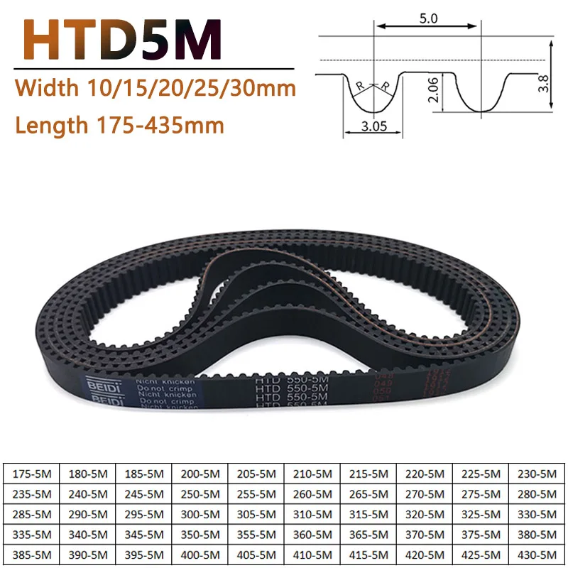 

1pc HTD5M Synchronous Timing Belt Length 175 180 185 200-435mm Width 10/15/20/25/30mm Rubber Closed Loop Transmission Drive Belt