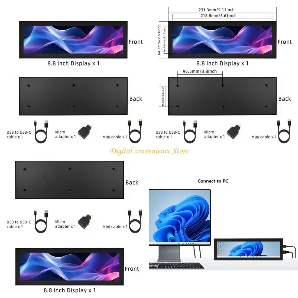 

97QA 8.8inch HDTV-compatible Monitor for RPi PC with Capacitive Touches Screen USB Support