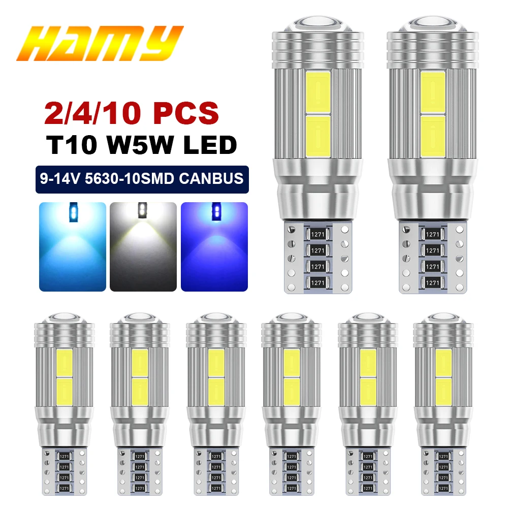 2/4/10 PCS Super Bright T10 W5W LED Bulbs Canbus 12V 5630-10SMD 7000K White Car Interior Dome Trunk License Plate Wedge Lights