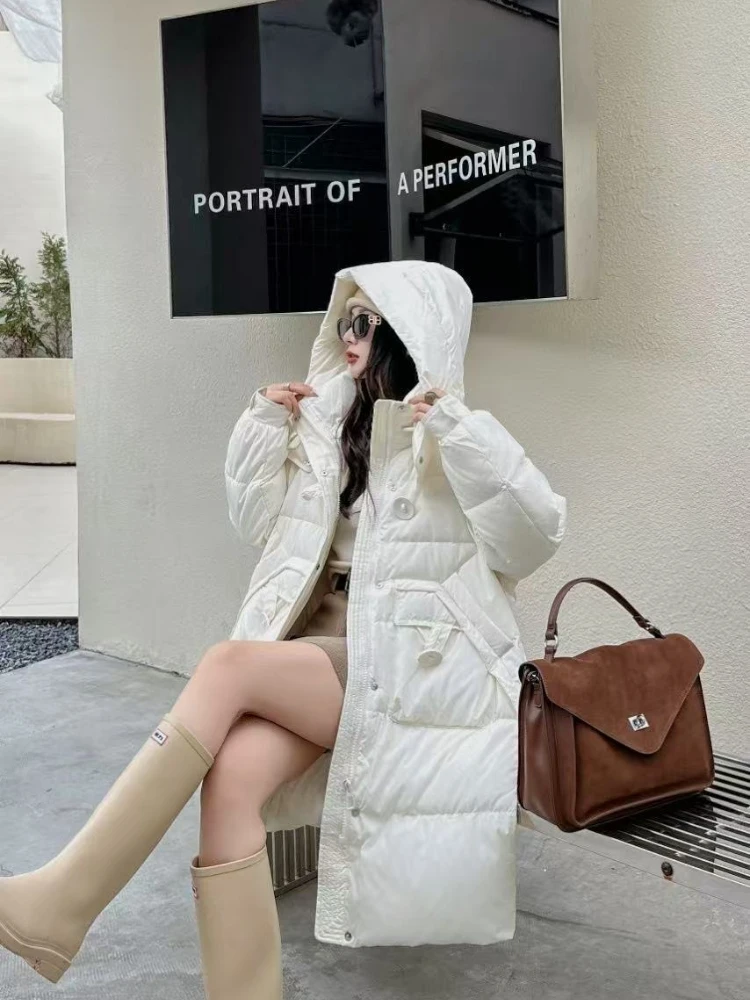 Women Down Jacket 2025 New Winter Parkas Fashion Casual Hooded Thick Mid-Length White Duck Puffer Coat Tops Female Outerwear