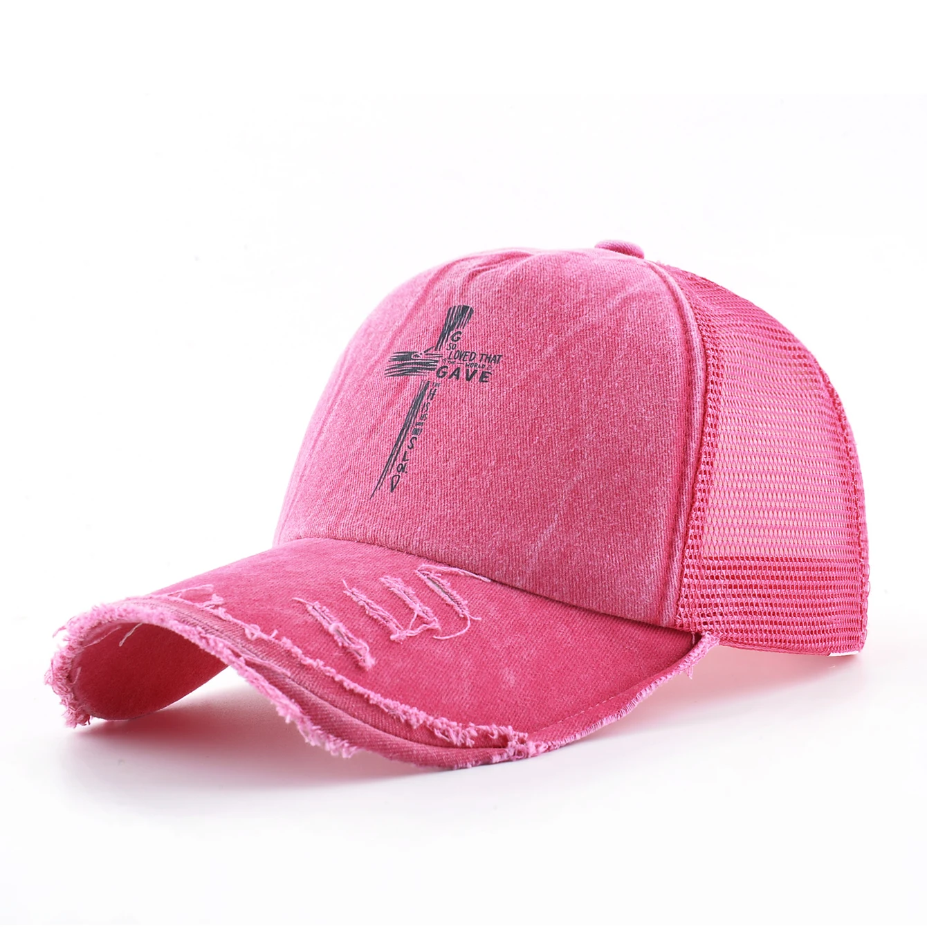 Washed Denim Pink Baseball Cap Women Printing Cross Sun Visor Cap Men Snapback Hip Hop Trucker Cap Breathable Mesh Hat