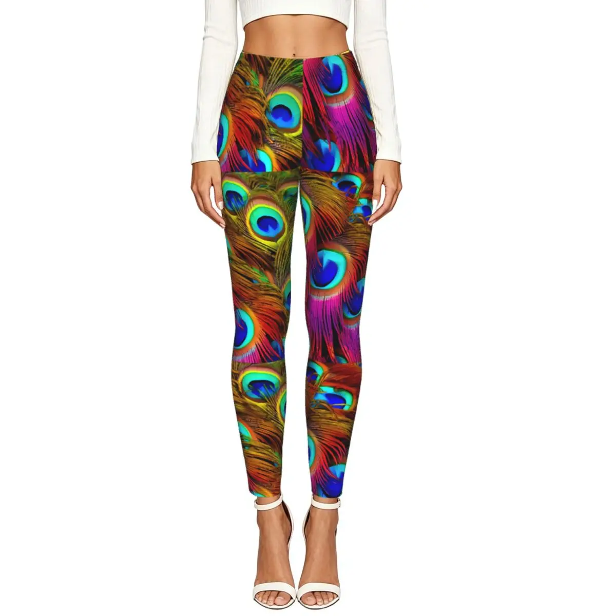 Women Full Length Elastic Leggings High Waist Tight Pants Colorful Peacock-feathers Textures Casual Bottoms
