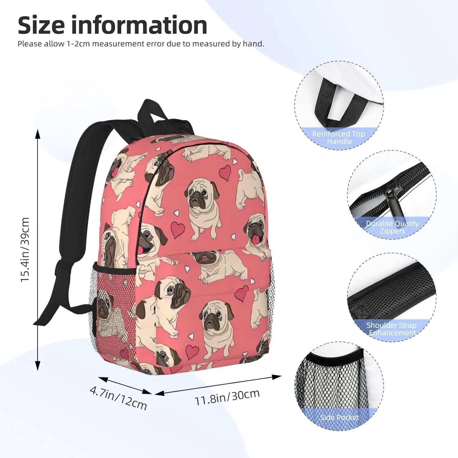 Funny Cartoon Pug Puppy Dog Print Adults Backpack Lightweight Backpacks For Hiking Work Laptop Backpack Men Women