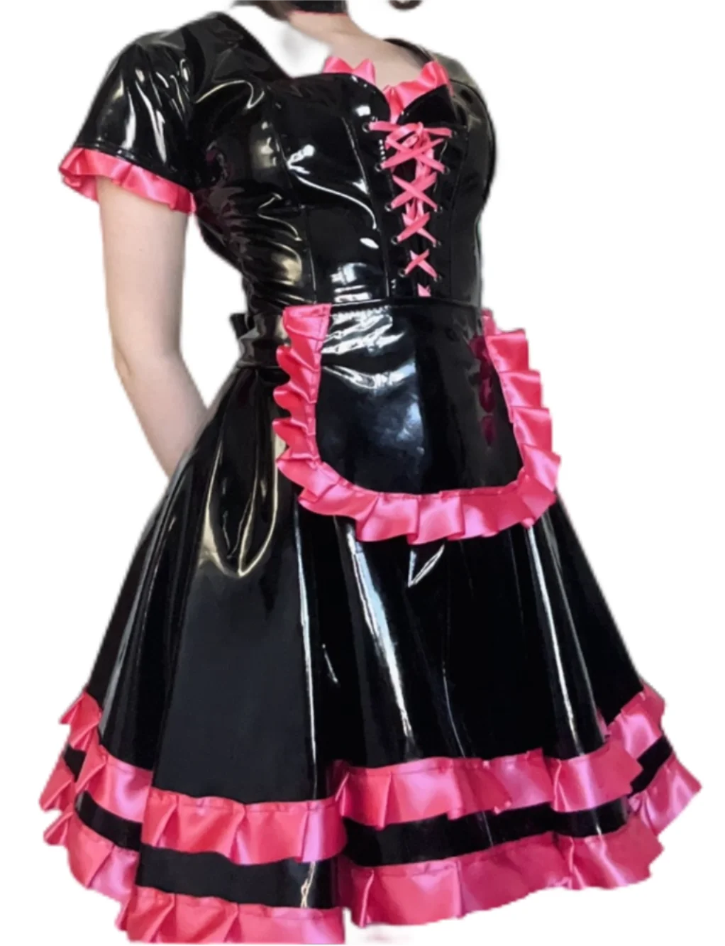 French Sexy Adult Customized Fetishist Crossdressing Sissy Shiny PVC Low Neck Chest Strap Independent Apron Dress