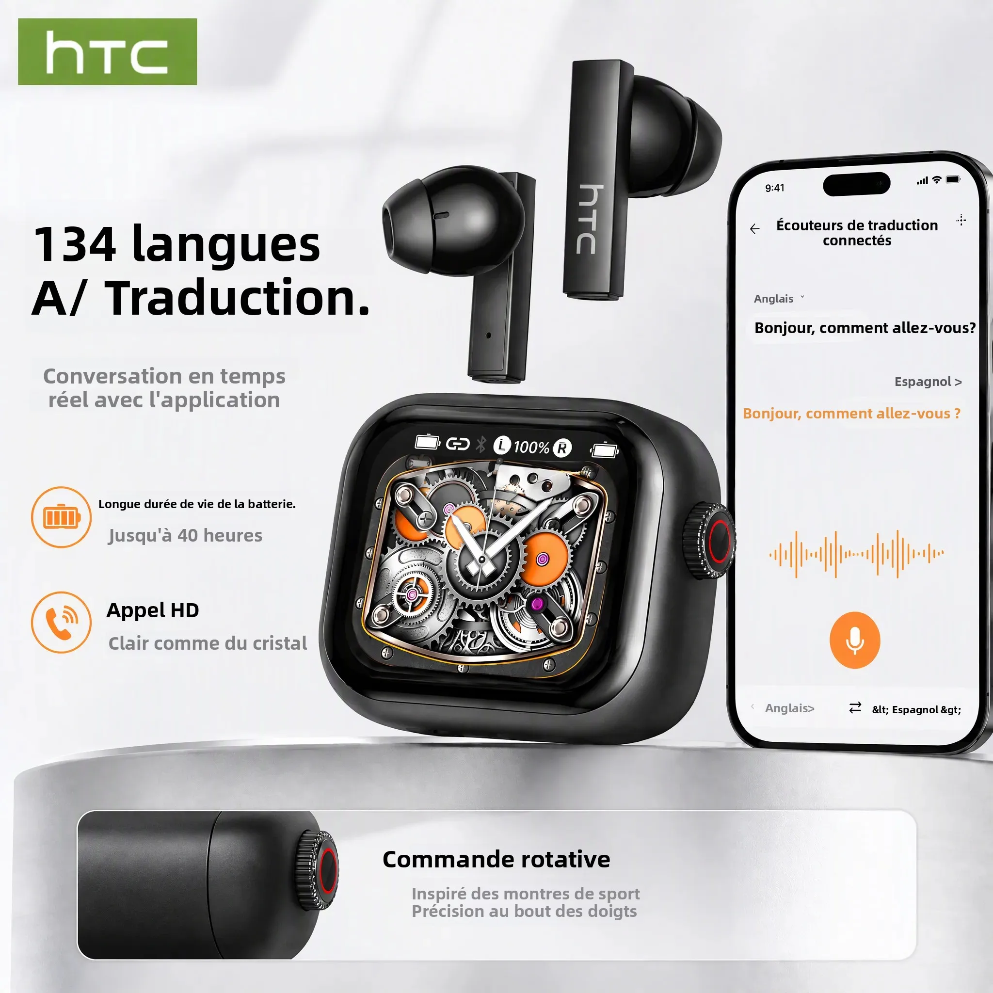 [Écran Ultra HD] Écouteurs HTC NE40 Bluetooth V6 TWS, écouteurs sans fil de sport, traducteur IA, écouteurs intra-auriculaires avec réduction du bruit et microphone