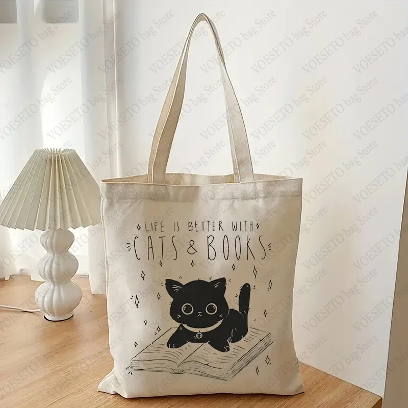 Life Is Better with Cat and Books Pattern Tote Bag Cat Lover Shopper Cute Handbags Kawali Kitty with Magic Books Shoulder Bag