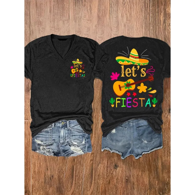 Women Cinco De Mayo Printed T Shirts Summer  V Neck Short Sleeve Top   Blouse