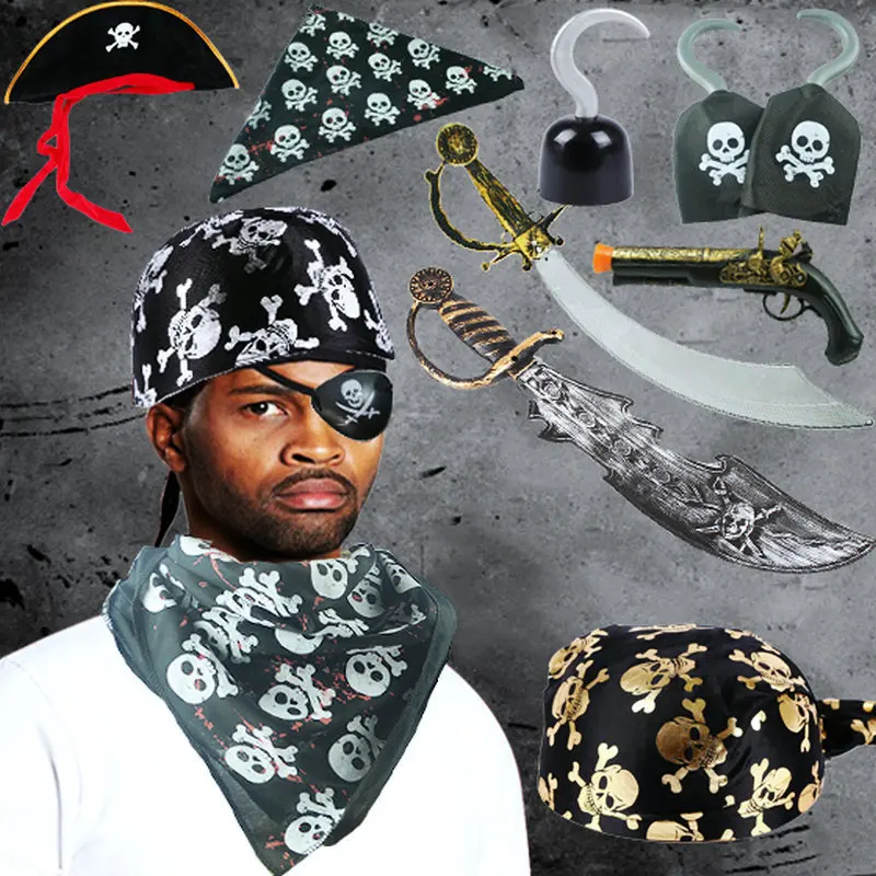 Halloween Pirate Costume Accessories Hat Hook Knife Eye Patch Bandana Props for Masquerade Party Cosplay Stage Festival Event