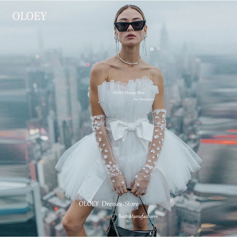 

OLOEY Fairy Tulle Short Wedding Dresses Pearls Strapless Bow Belt 3D Flowers Sleeves Lovely Cute Mini Bridal Gowns Prom Dress