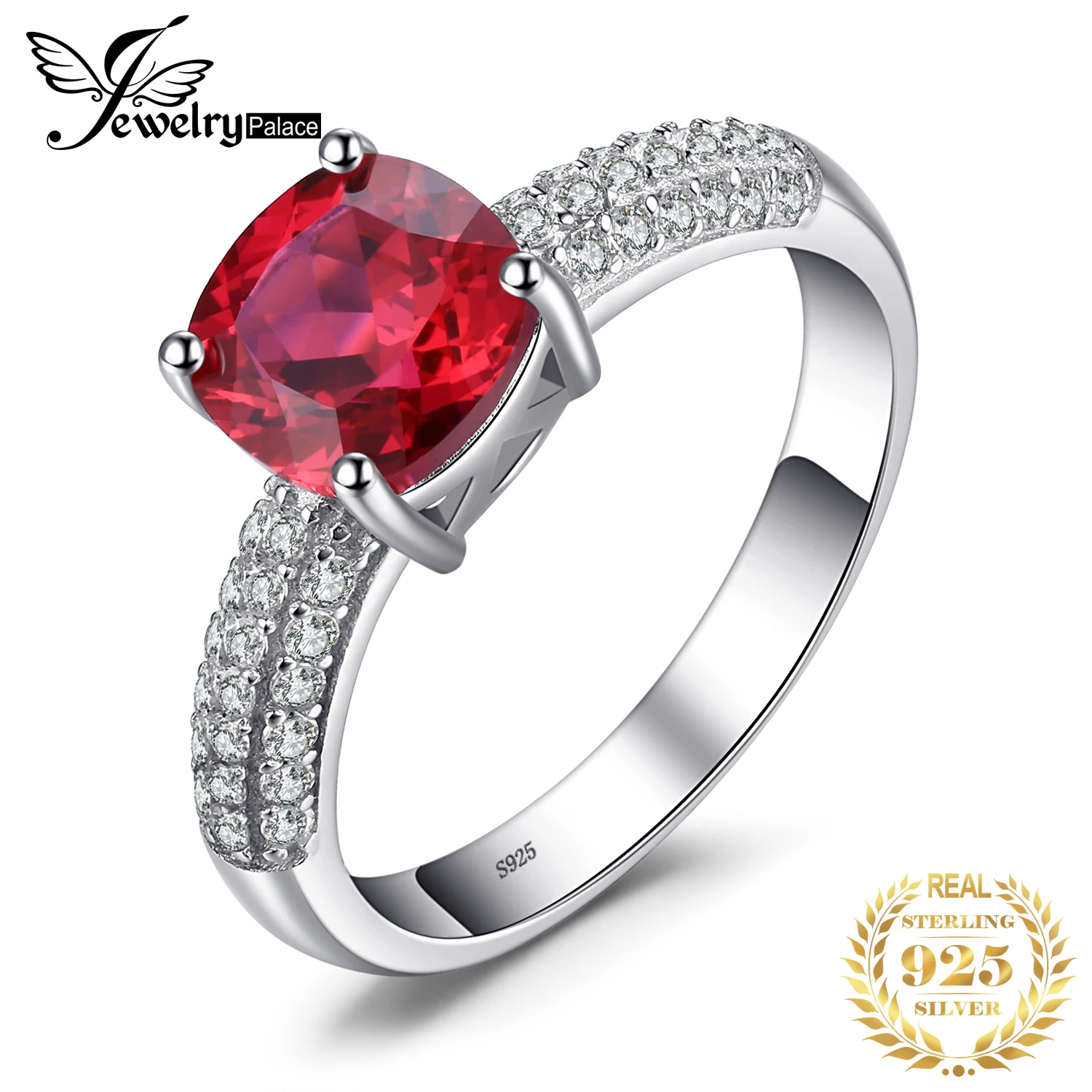 JewelryPalace 2.2ct Created Red Ruby 925 Sterling Silver Solitaire Engagement Ring for Women Cushion Cut Gemstone Wedding Gift