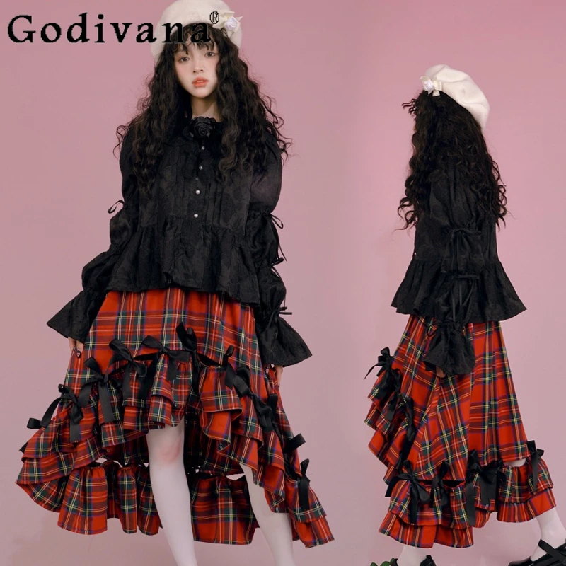 Japanese Irregular Sweet Bow Elastic Waist Retro Versatile Long Skirt Spring Summer Red Plaid Ruffles Age-reducing Girl Skirts