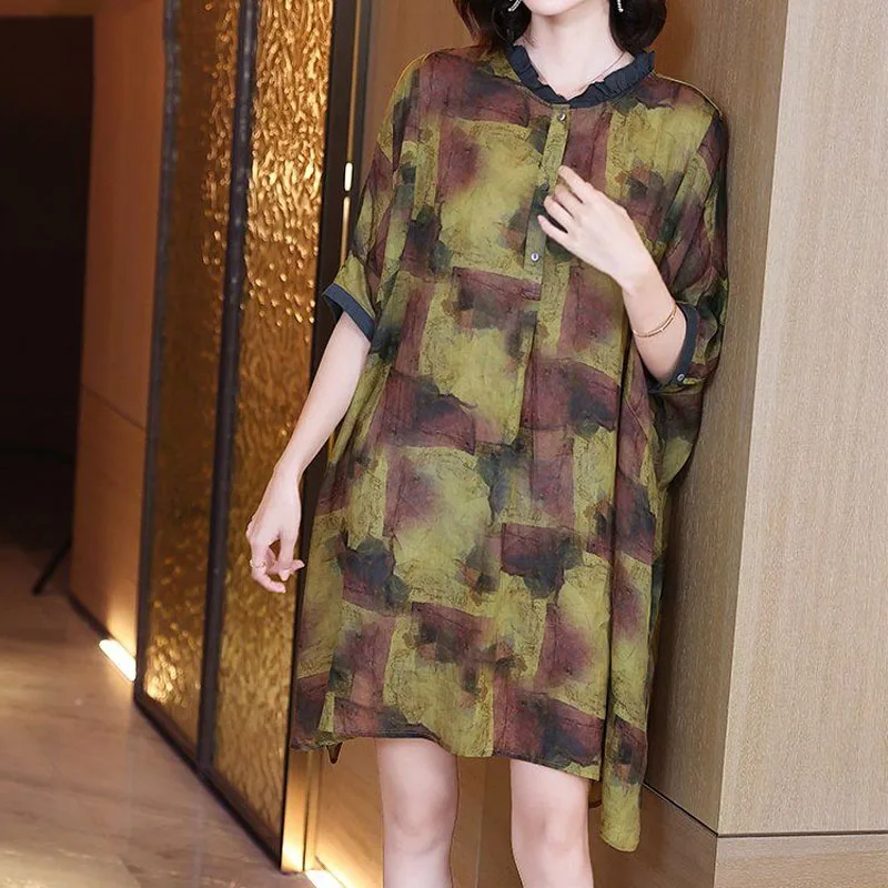 Summer Vintage Loose Waist Printed Dress for Women Fashion Button Spliced Korean Casual Temperament Round Neck Knee Dresses