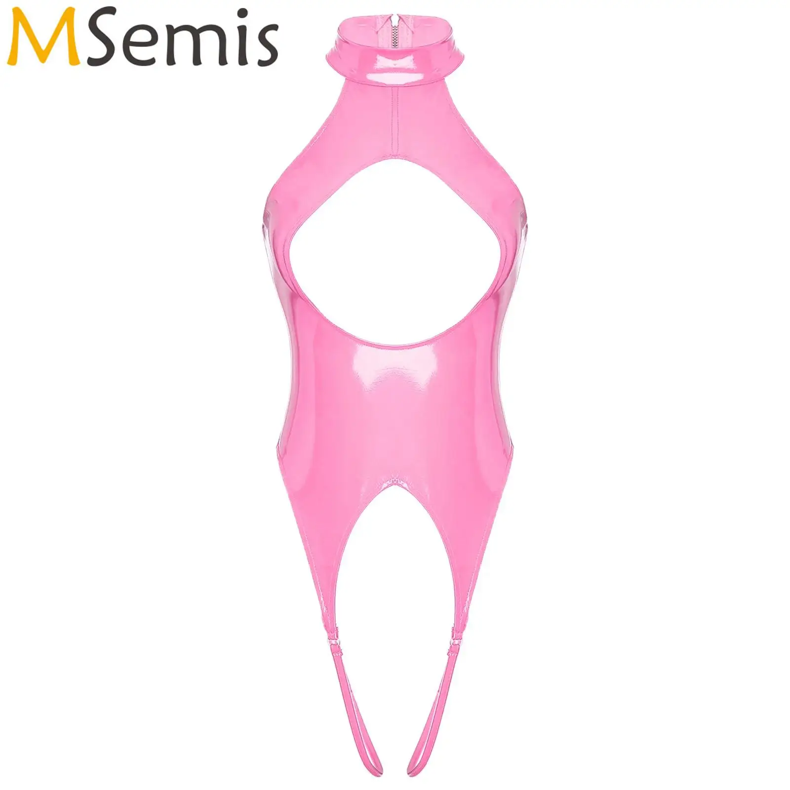 

Woemsn Sexy Cosplay Crotchless Bodysuit Nightwear Wet Look Patent Leather Jumpsuit Nightwear Mock Neck Sleeveless Catsuit