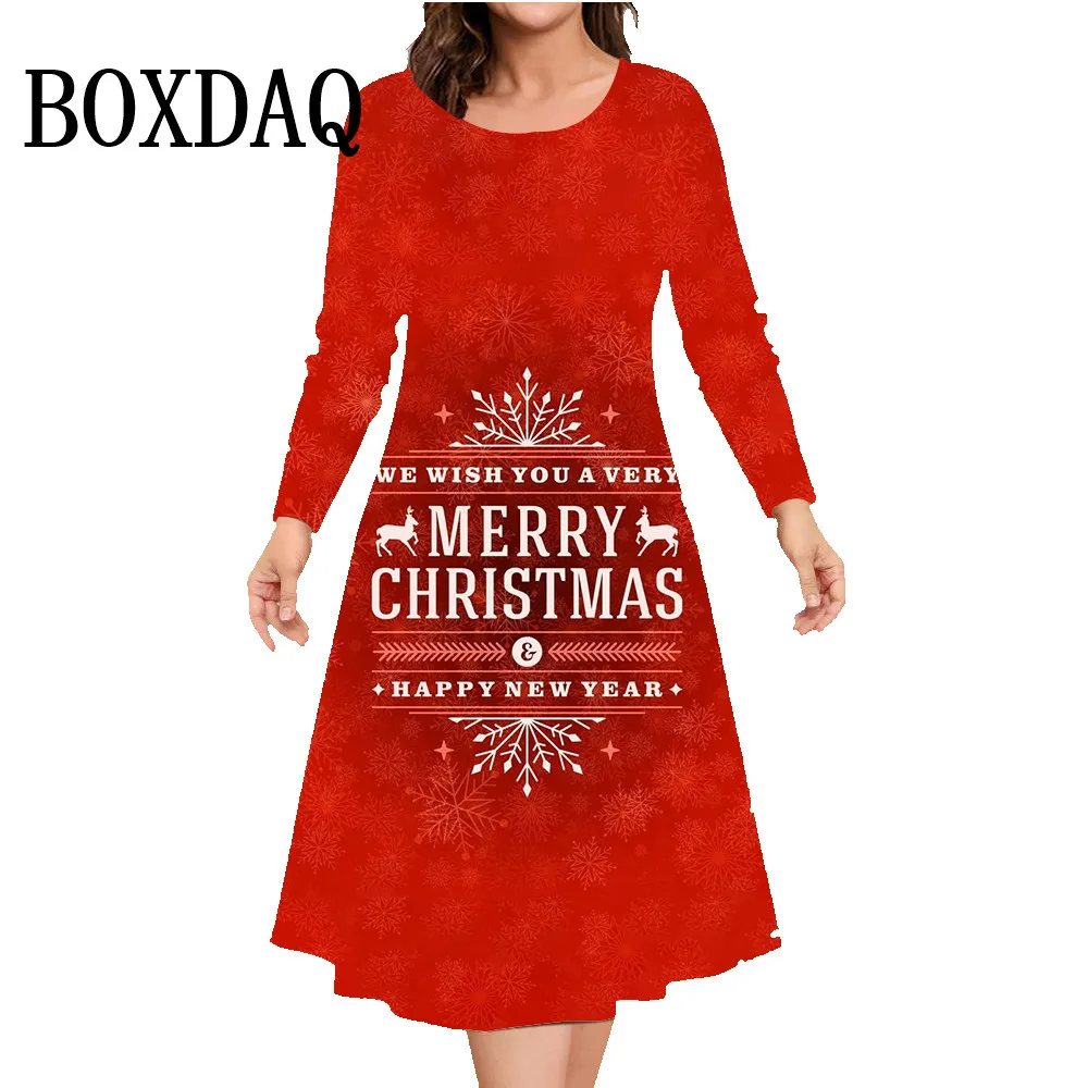 2024 Winter 3D Christmas Printed Dress New Year Festival Party Dress Women Long Sleeve O-Neck Casual Loose A-Line Dress Vestidos