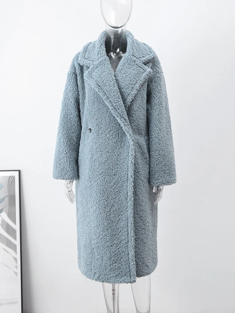 

Fashion Lambswool Long Coat Women Lapel Long Sleeve Pockets Buttons Female Overcoat Autumn Winter Thickening Warm Lady Outwear